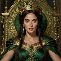 portrait of megan fox as a queen, throne, jewelry, greek, dark green, intricate, headshot, highly detailed, digital painting, artstation, concept art, sharp focus, cinematic lighting, illustration, art by artgerm and greg rutkowski, alphonse mucha, cgsociety