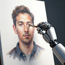 a robot hand painting a self - portrait on a canvas, octane render, hyperrealistic