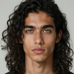 handsome!! hyper realistic man with long black curly hair, tan skin, ( ( ( grassy ) ) ) colored iris ', green eyes!!!, anchor goatee | wearing open baseball jersey | art by hirohiko araki & jean giraud & artgerm