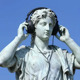 a roman statue wearing headphones listening to music, vaporwave aesthetic