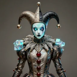front shot of a court jester character, hyperdimensional, bioluminescent hypercubes, ((intricate)), elegant, highly detailed, centered, (((artstation, concept art, smooth, sharp focus, artgerm, Tomasz Alen Kopera, Peter Mohrbacher, donato giancola, Joseph Christian Leyendecker, WLOP, Boris Vallejo))), mugshot!!!!!, ugly!!!!!!, octane render, nvidia raytracing demo, grainy, muted, 8K