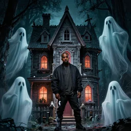 kanye west in haunted house with ghosts detailed realistic photo