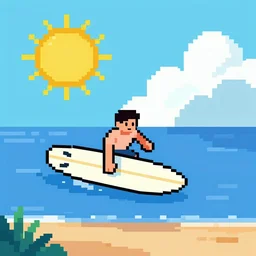 a surfer. sun and sea. colorful. pixelart.