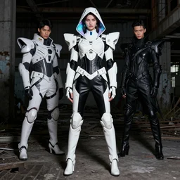 beautiful fashion model with white majestic ornate sci - fi tactical gear, black leather garment, hologram sci - fi hood, full shot fashion photography, dark abandoned factory, by irving penn and storm thorgerson, ren heng, peter elson, mass effect concept art