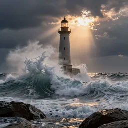 huge waves crashing over a lighthouse on rocks with huge, very huge waves, scenic full shot, ambient lighting, stormy sky, god rays, alphonse mucha, aubrey beardsly