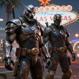Doom Guy and Master Chief in Las Vegas, realistic 4k octane beautifully detailed render, 4k post-processing, highly detailed, intricate complexity, epic composition, magical atmosphere, cinematic lighting, masterpiece, ultra hd