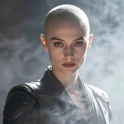 film still of elizabeth debicki as asajj ventress, bald head, pale skin, focus on face, glamour pose, dramatic lighting, unreal engine, mist, steve mccurry, cinematic composition, volumetric lighting