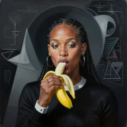 Doja Cat eating a banana by Sachin Teng, asymmetrical, dark vibes, Realistic Painting , Organic painting, Matte Painting, geometric, magical, Occult, Raphael Hopper, Rene Magritte, shapes, hard edges, graffiti, street art:2 by Sachin Teng:4