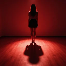 standing in the room, the red light from above outlines the perfect shape of her shadow on the floor below