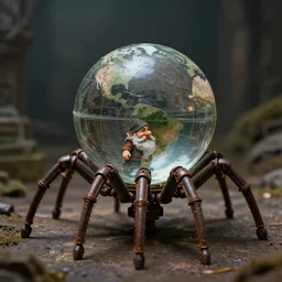 a glass globe walking on mechanical spider legs, many rusty joints, a gnome peeking out, dnd, medieval scene, dim lighting, liminal