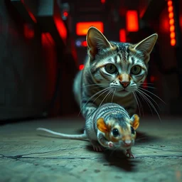 a mouse!! being chased! by a cat!!!, cat chasing mouse, by mark ryden in cyberpunk environment, 4 k ultra high resolution, horror, long camera shot