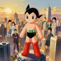 The Cybertronic city of anime character Astroboy, panoramic city scape, golden hour sunlight, award winning painting, artstation, concept art, digital painting, Unreal Engine 5, 8K, art by artgerm and greg rutkowski and makoto shinkai and alphonse mucha and ross tran