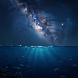 i am at the bottom of the ocean looking up, see fishes swimming, the milk way up above, night time, midnight. highly detailed painting 8 k