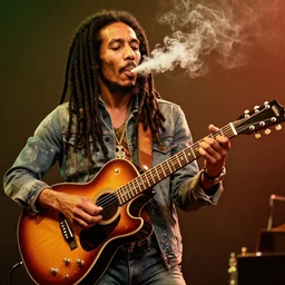bob marley playing the guitar and smoking