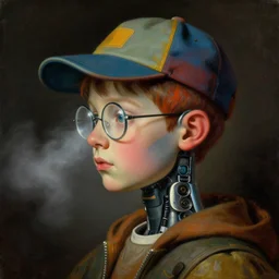 a baroque neoclassicist close - up side profile portrait of a colorful retrofuturistic cyborg boy with a baseball hat and glasses, glowing fog in the background. renaissance portrait painting. highly detailed science fiction painting by norman rockwell, frank frazetta, and syd mead. rich colors, high contrast, gloomy atmosphere, dark background. trending on artstation