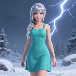 elf girl render as a very beautiful 3d anime girl, full-body character sheet of long braided silver hair, azur blue eyes, full round face, belly free teal dress, short smile, in snow, cinematic lightning, medium shot, mid-shot, highly detailed, trending on Artstation, Unreal Engine 4k, cinematic wallpaper