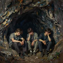 ben solo and rei sitting together in a large dark cave, tired, sad, muted colors, painted by krenz cushart, by joaquin sorolla rhads leyendecker, by ohara koson