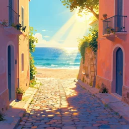 a lonely cobblestone street, a ladder way down the beach and the sea, brightly illuminated by rays of sun, artstation, colorful sylvain sarrailh illustration