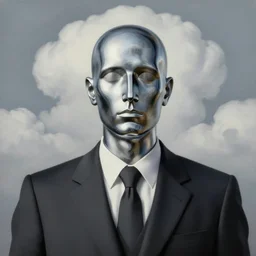 portrait of a faceless chrome - head man in a suit, clouds in the background, by rene magritte, detailed painting, distance, centered, hd, hq, high resolution, high detail, 4 k, 8 k