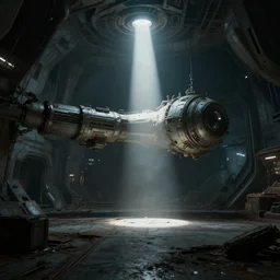 A single light enlighten the scene of a futuristic abandoned and derelict space station. 4K , Highly detailed , High details , Dead space , System shock 2