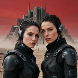 cinestill 5 0 d photographic portrait of two loving female androids wearing rugged black techwear on a desolate plain with a red sky in front of a brutalist structure, extreme closeup, cyberpunk style, dust storm, 8 k, hd, high resolution, 3 5 mm, f / 3 2, ultra realistic faces, ex machina, by steve mccurry