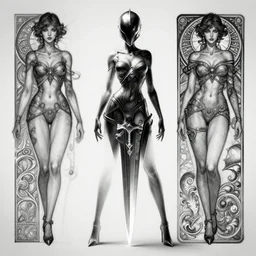 a full body character design by artgerm, cushart krenz, greg rutkowski and alphonse mucha. sci - fi dagger. black and white tape project show attctive showgirl!! full body with helmet!! sharp edge. ultra clear detailed. contour light effect!! 8 k. stage light. ultra detailed, elegant, intricate, octane render.