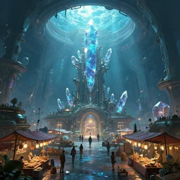 Matte painting of the interior view of giant underwater dome. Magitech aetherpunk crystals. Street Market. Fantastical, detailed digital art trending in artstation