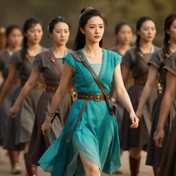 a female warrior in a turquoise dress, marching with confidence, cinematic lighting, establishing shot