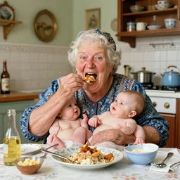 hyper realistic hight detailed grandmother with a big mouth eating babies and william blake on the table in the russian kitchen, by norman rockwell, bright colors, 4 k, 1 6 k, 3 2 k, photorealistic, cartoon style