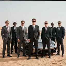 a group of men wearing sunglasses and suits, standing in front of saleen s7, in desert, arriflex 35, film still, cinematic composition