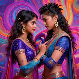 a asian man, and an indian woman, mutually intertwined greg rutkowski, hyperrealist, cinema 4 d, psychedelic, rendering unreal engine 5, digital art
