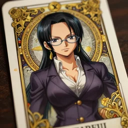 nico robin, wearing glasses, wearing a suit, tarot card art, deep focus, d & d, fantasy, intricate, elegant, highly detailed, digital painting, artstation, concept art, matte, sharp focus, illustration, hearthstone, art by artgerm and greg rutkowski and alphonse mucha
