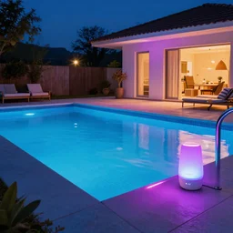 philips hue led strip lighting, swiming pool, scene, colourful, 8 k, unreal engine, realistic, house and home,