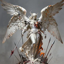 highly detailed and complex angel of war, with bloody spears, silver white and orange color scheme, by peter mohrbacher and greg rutkowski
