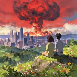 a couple sitting on top of a rock covered floral serene hillside watching a nuclear explosion in a distant city with skyscrapers, a detailed matte painting by filip hodas and makoto shinkai, apocalyptic sky red smoke, sharp focus, anime asthetic, cgsociety, fantasy art, cinematic, artstation hq, vfxfriday, dystopian art