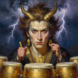 raijin with golden drums. strong storm with lightning in the background. realistic, highly detailed, oil painting. by oil painting in a modern style, very detailed and symmetrical face, painted by greg rutkowski, sachin teng, thomas kindkade, alphonse mucha, norman rockwelll