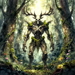 gnarled forest spirit standing in the woods, skull, branch antlers, moss, vines and flowers, totem, light rays, high detail, cinematic lighting, anime, manga, watercolor, by greg rutkowski,