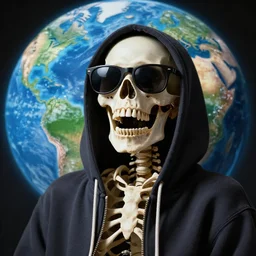 a skeleton wearing sunglasses and a hoodie, laughing at the world.