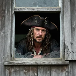 russell crowe wearing a pirate hat behind a dirty window and wooden wall staring out