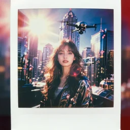 analog vintage photography portrait polaroid of a futuristic chrome city, drone footage, lights, bright sunshine reflections, lensflare, red color bleed, heavy film grain, bloom, glow