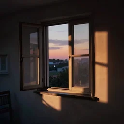 looking out the window of a lonely apartment, evening light, in the style of Edward Hopper