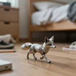 a tiny metallic fox running on a messy bedroom floor