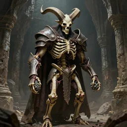 A spiked horned detailed semiork-semihuman skeleton with armored joints stands in a large cavernous citadel with a pebble in hands. Wearing massive shoulderplates, cloak. Extremely high details, realistic, fantasy art, solo, masterpiece, bones, ripped flesh, art by Zdzisław Beksiński, Arthur Rackham, Dariusz Zawadzki, Harry Clarke