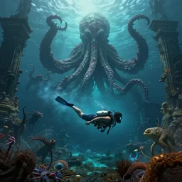 A diver is under the sea, he is swimming away from the giant Cthulhu that is behind hunting him, this is an extravagant planet with wacky wildlife and some mythical animals, the background is full of ancient ruins, the ambient is dark with a terrifying atmosphere, by Jordan Grimmer digital art, trending on Artstation,