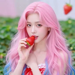the queen of strawberries, long pink and blue hair