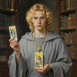 portrait of blond evan peters in gray robes, runes, jewelry, mystical, ethereal, tarot card, magical library bokeh, painting by greg rutkowski and alphonse mucha