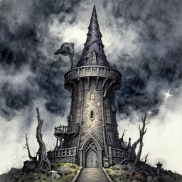 wizard tower during a storm, drawing, watercolor intricate linework, stunning artwork, highly detailed, trending on artstation,