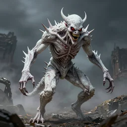 very detailed full body scary demon, white skin, yellow teeth, red eyes, spikes coming from the body by Kevin Cassidy, Antonio J. Manzanedo and Luke Starkie