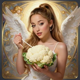 beautiful cottagecore Ariana Grande in a white rope holding a white cauliflower, holy light, angel, intricate, elegant, highly detailed, digital painting, artstation, concept art, smooth, sharp, focus, illustration, art by artgerm and greg rutkowski and alphonse mucha