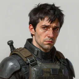 Portrait of a man by Greg Rutkowski, he is about 40 years old, short black hair with bangs, his features are a mix between French, Turkish and Russian, expression of helplessness, sadness and resentment, he is wearing a futuristic tactical gear, highly detailed portrait, digital painting, artstation, concept art, smooth, sharp foccus ilustration, Artstation HQ.